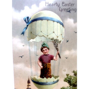 Easter Postcard Fantasy Hot Air Balloon Airship Cracked Egg Child Germany PFB